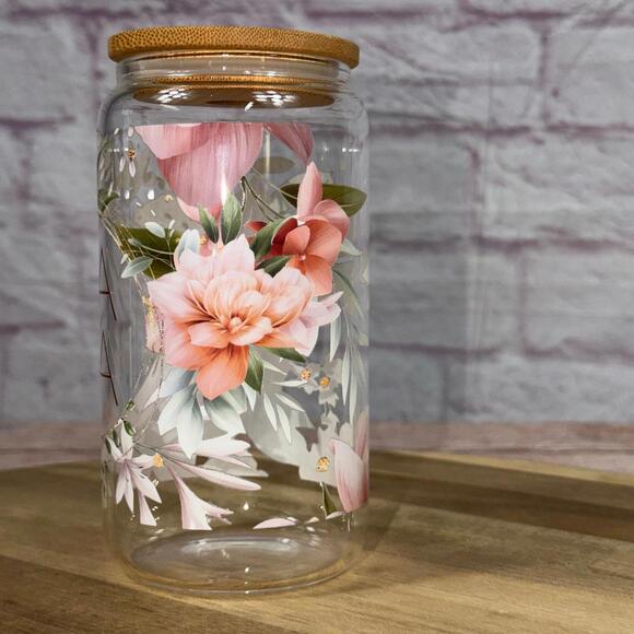 Floral 16oz Glass Tumbler with Bamboo Lid - 'MAMA' Design New - Picture 4 of 6